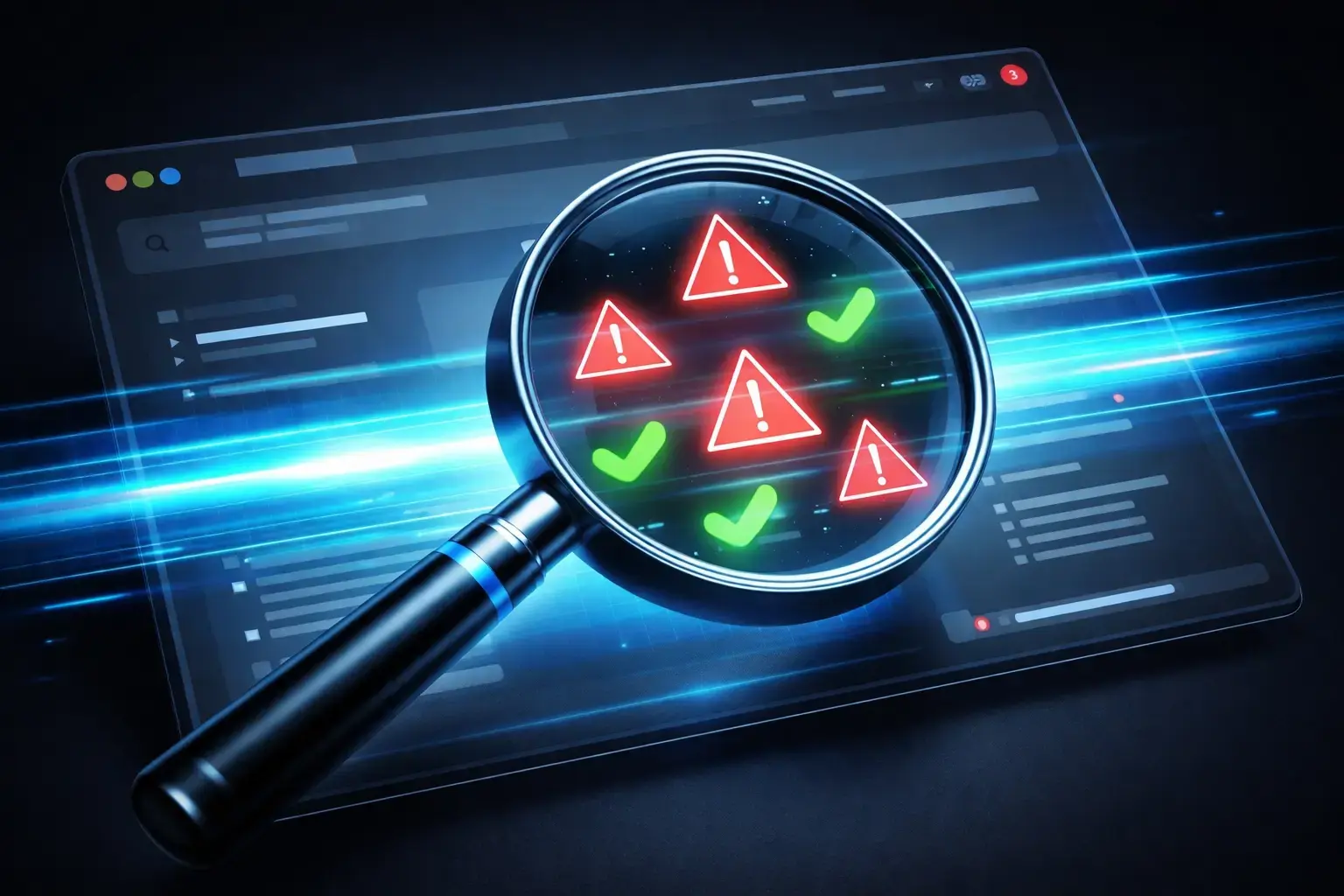 Magnifying glass scanning a website interface highlights the importance of security scans for malware detection