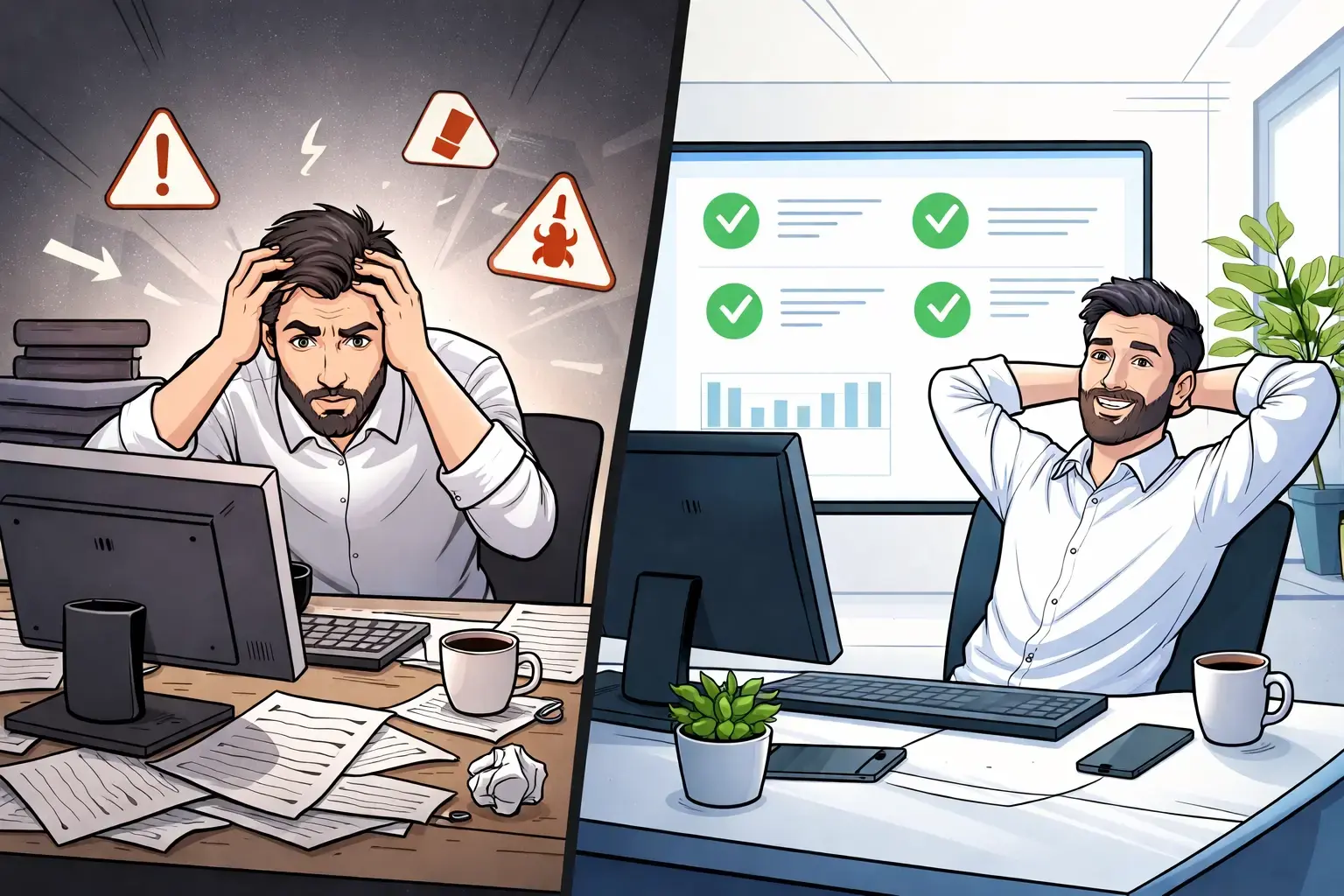 Split view of a business owner before and after website maintenance, showing stress versus smooth operation