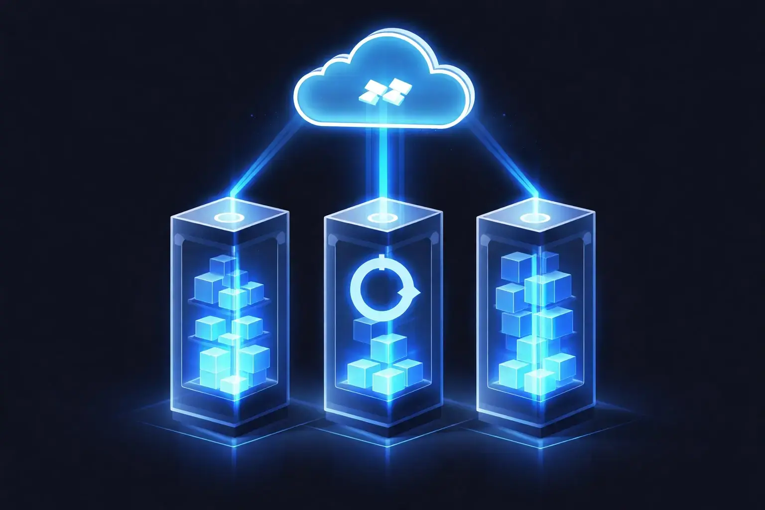 Three server towers connected to cloud storage illustrate reliable website backup systems for data protection