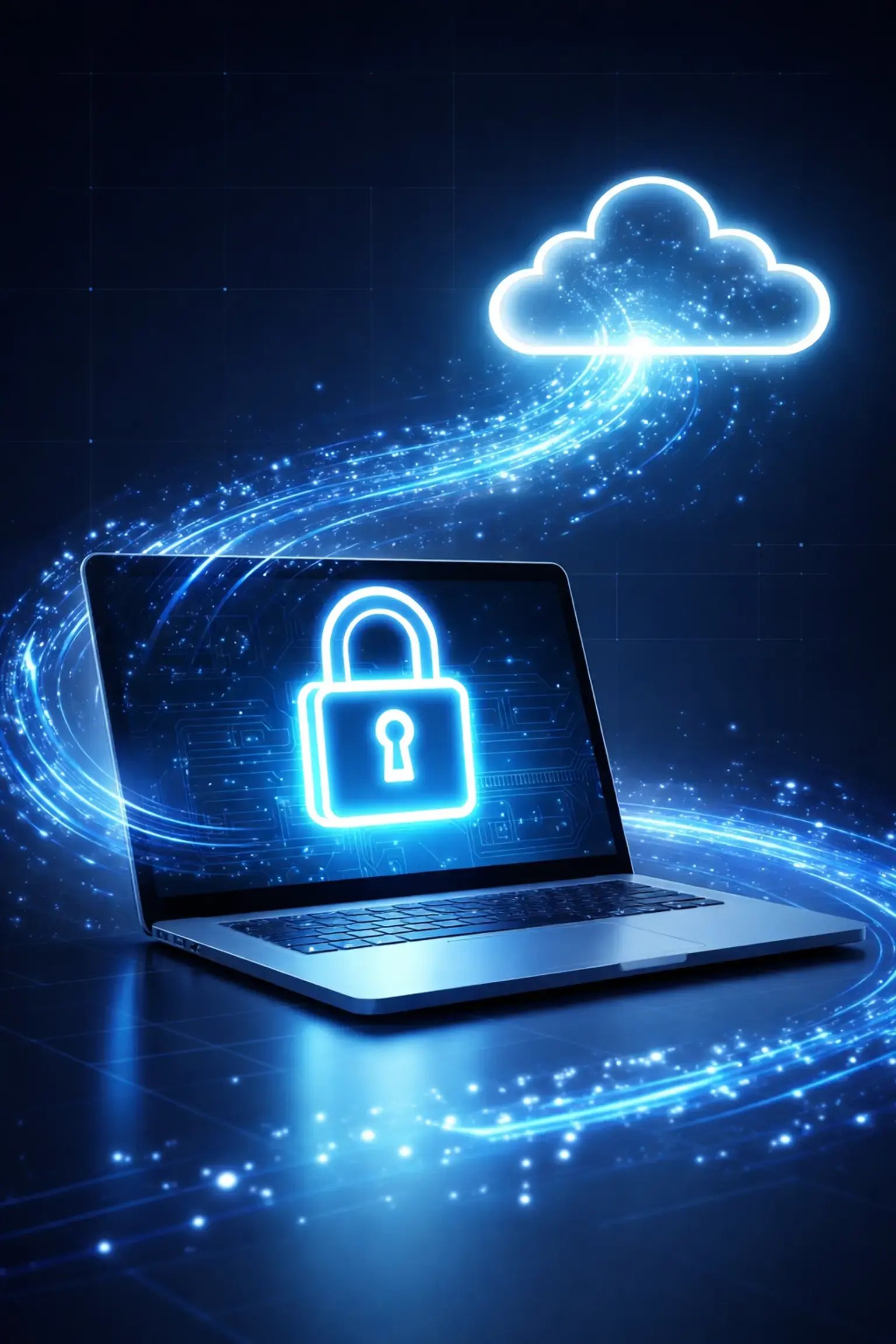 Padlock icon above a laptop symbolizes SSL certificate security and trusted website encryption for small businesses