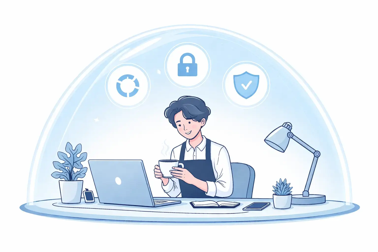 Small business owner at desk under a protective shield conveys peace of mind with managed website security services