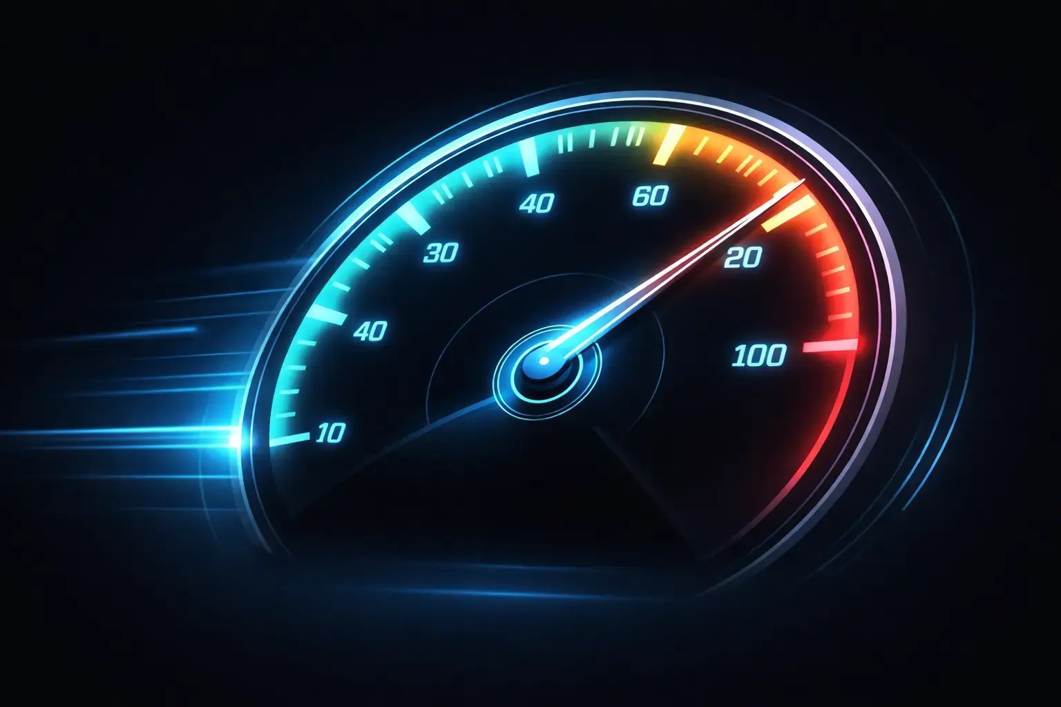 Website performance optimization shown by a speedometer gauge with fast loading benefits