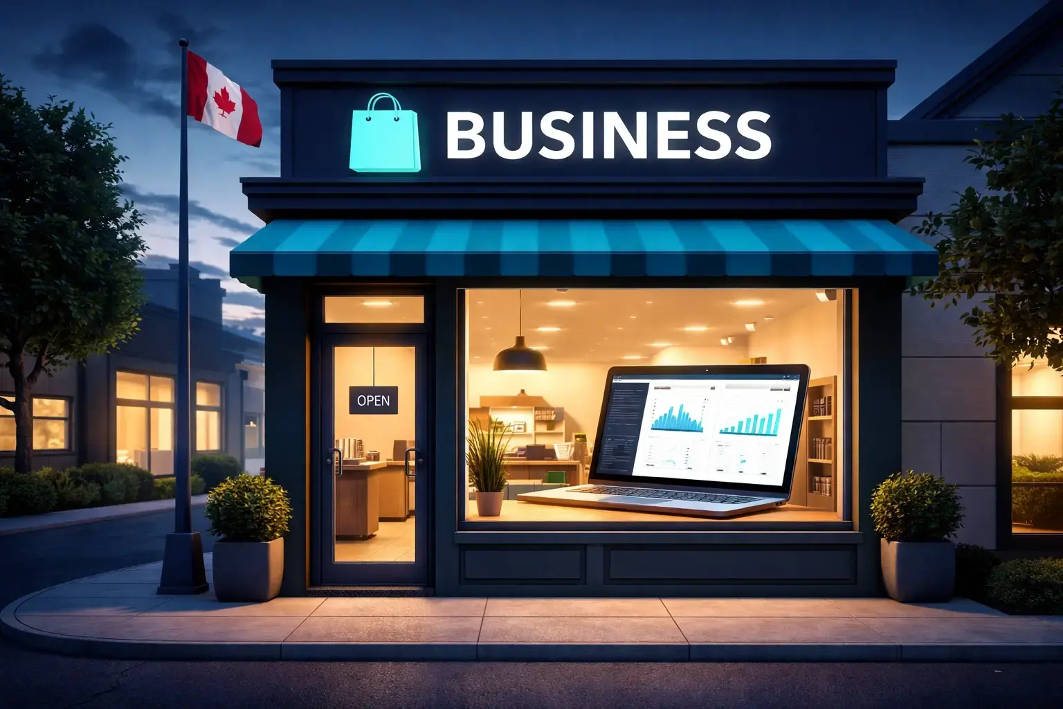 Canadian small business storefront at dusk with laptop displaying website maintenance dashboard